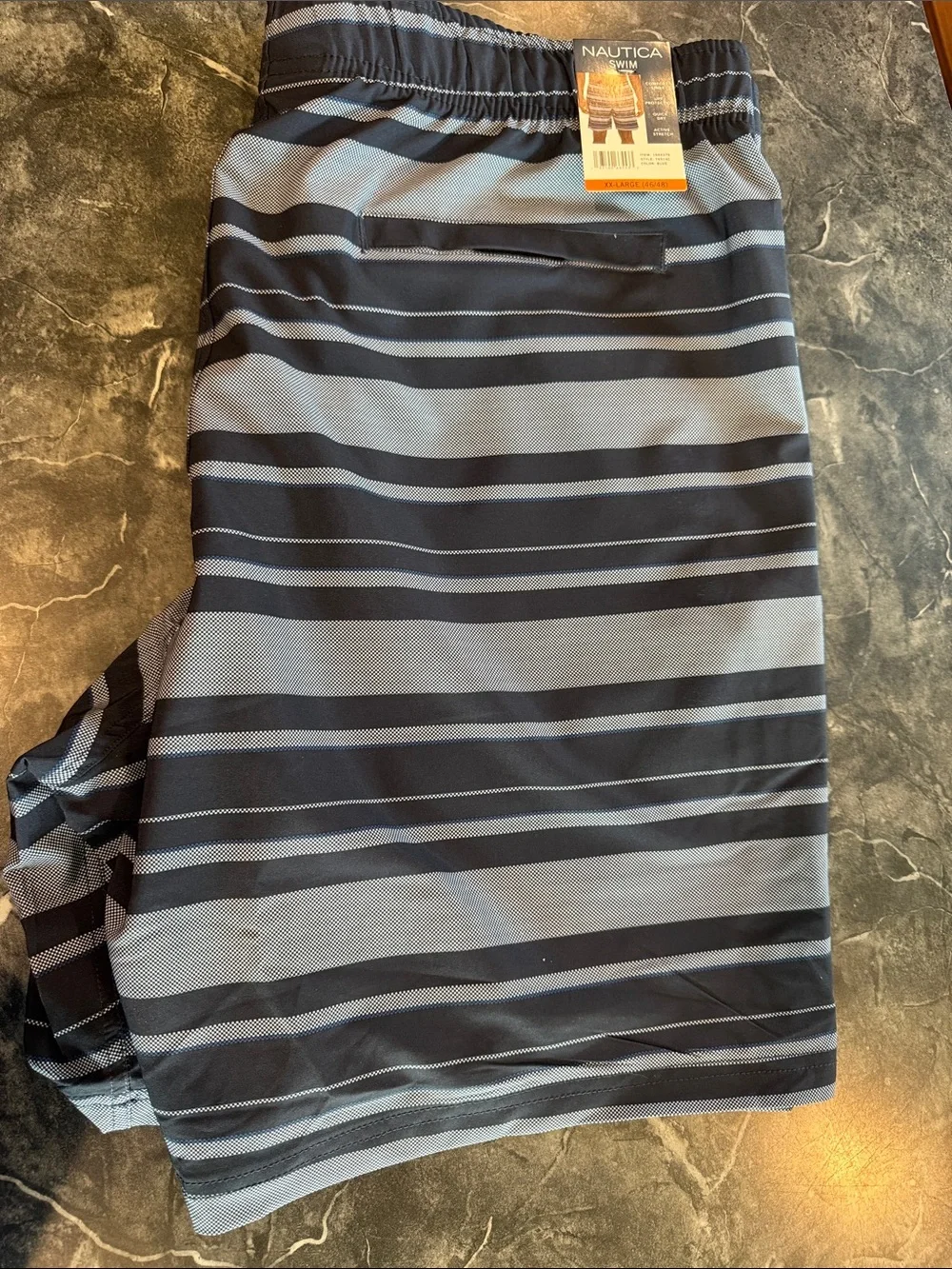 Nautica Men's Blue and White Striped Swim Shorts
